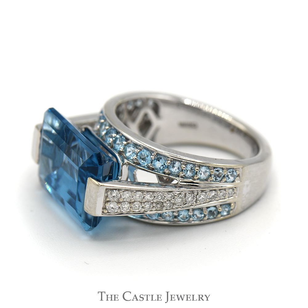 Emerald Cut Blue Topaz Ring with Blue Topaz and Diamond Cluster Accents in 14k White Gold