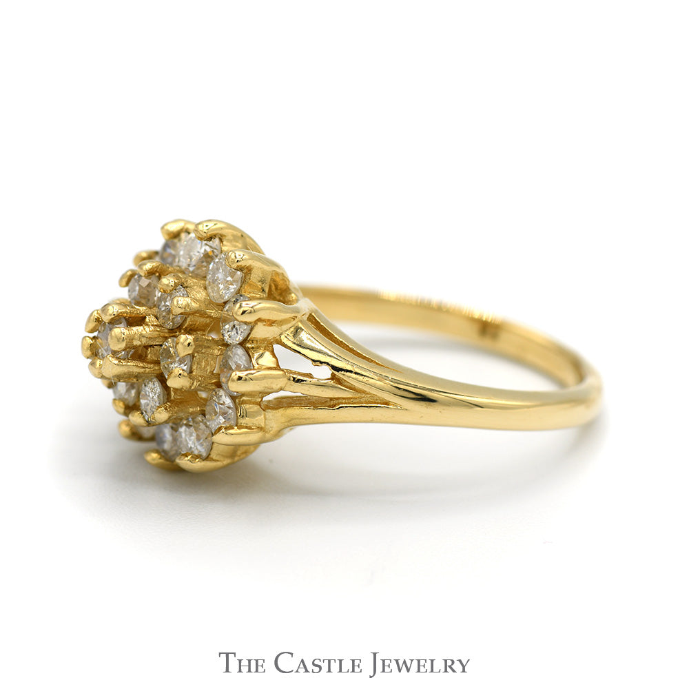 .85cttw Round Diamond Cocktail Cluster Ring in 14k Yellow Gold Split Shank Setting