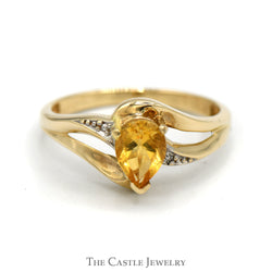 Dainty Pear Shaped Citrine Ring in Gold Crossover Diamond Illusion Mounting