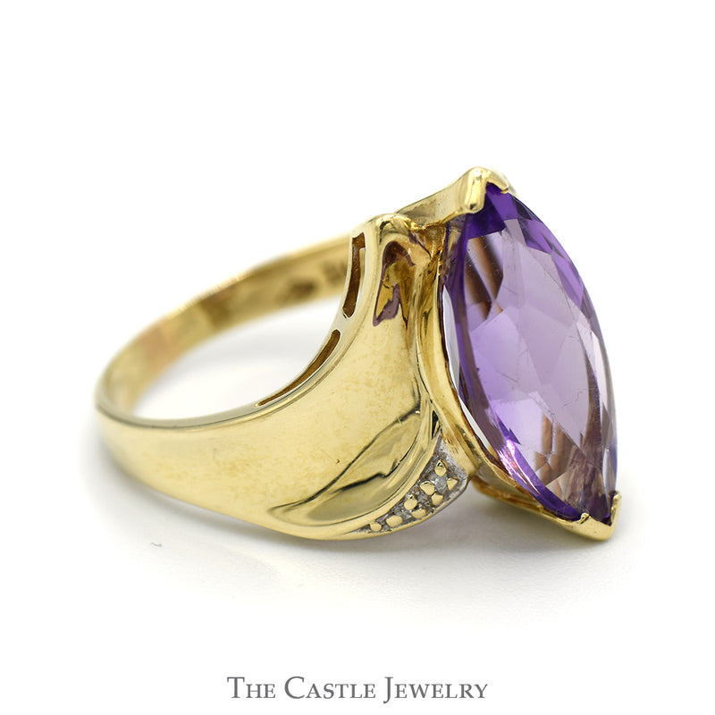 Marquise Shaped Amethyst Ring with Illusion Set Diamond Accents in 10k Yellow Gold
