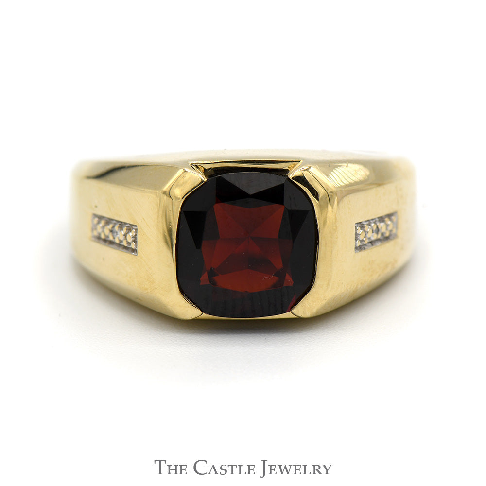 Men's Cushion Cut Garnet Ring with Illusion Set Diamond Accents in 10k  Yellow Gold