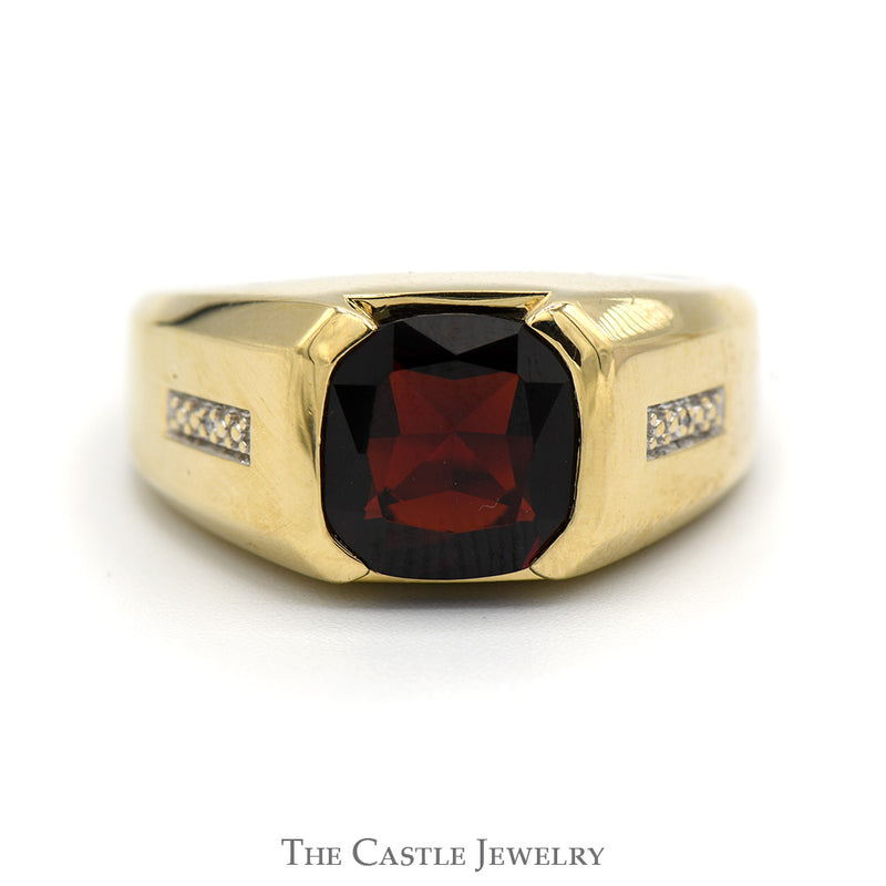 Men's Cushion Cut Garnet Ring with Illusion Set Diamond Accents in 10k Yellow Gold