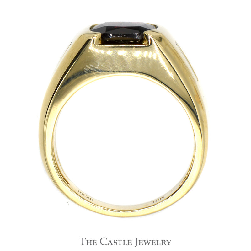 Men's Cushion Cut Garnet Ring with Illusion Set Diamond Accents in 10k Yellow Gold