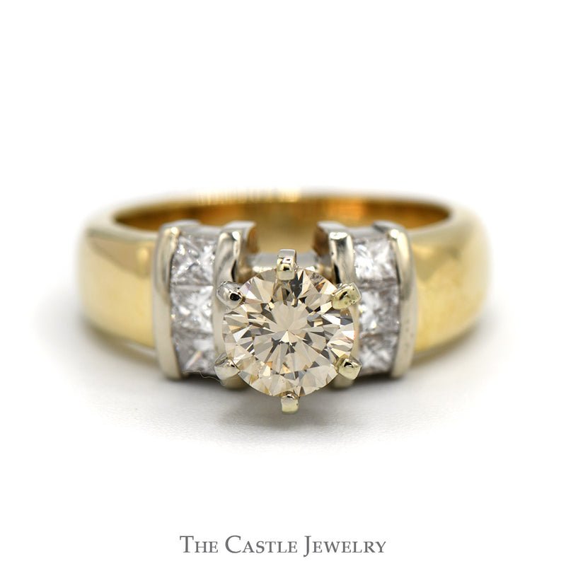 Round Cognac Diamond Engagement Ring with Princess Cut Diamond Accents in 14k Yellow Gold