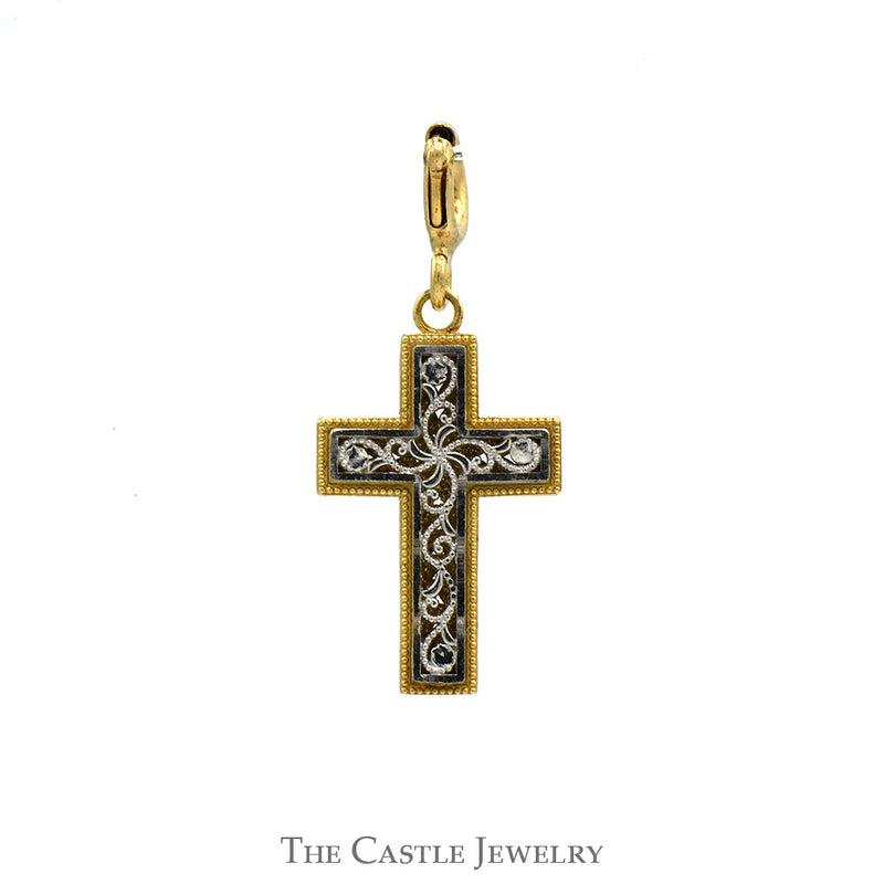 Intricate Filigree Designed Cross Pendant in 14k Two Tone White & Yellow Gold
