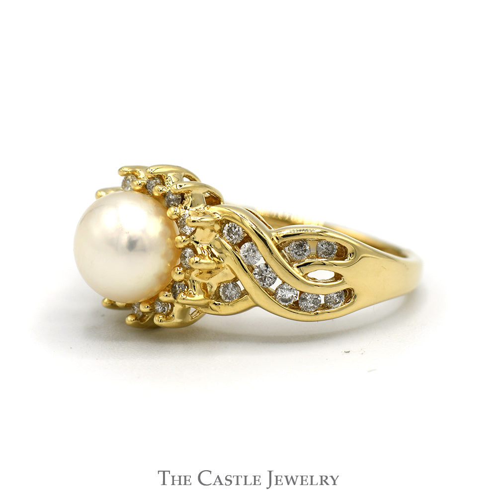 Pearl And Diamond Ring With .25CTTW Round Diamonds In Halo And Crossover Design Sides In 14KT Yellow Gold
