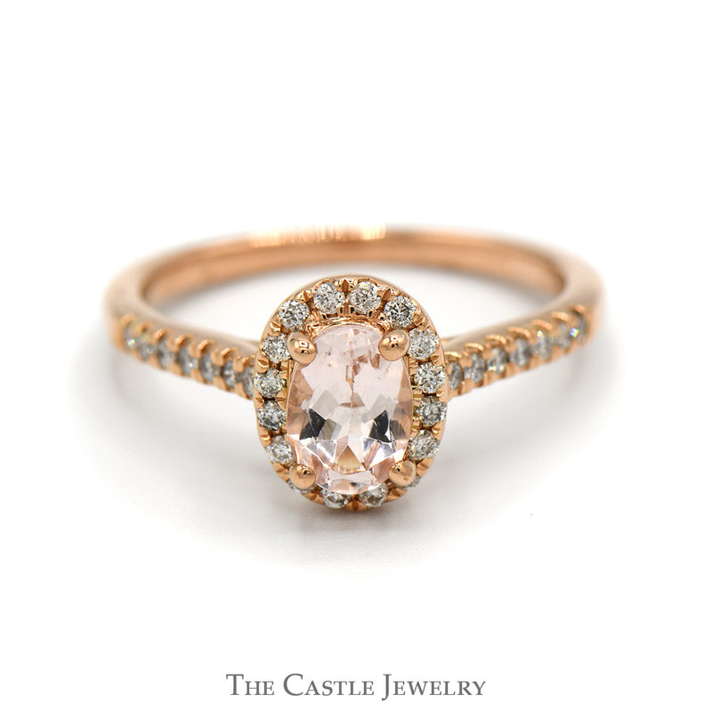 Oval Morganite Ring with Diamond Halo and Accented Sides in 14k Rose Gold