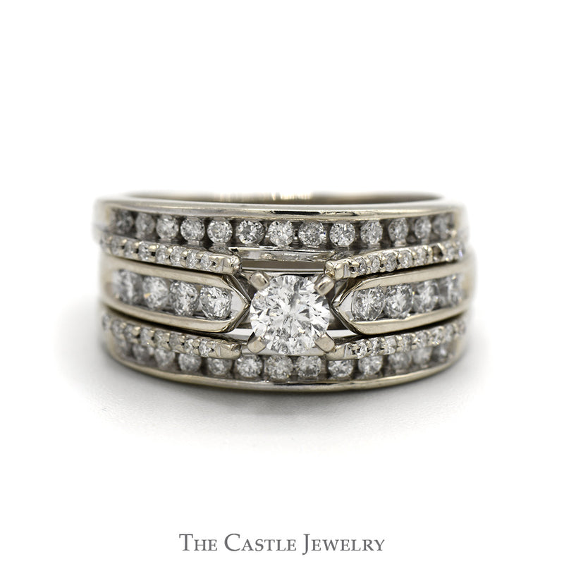 1cttw Round Diamond Bridal Set with Diamond Accents and Matching Insert Band in 14k White Gold