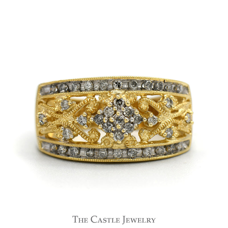 Flower Diamond Cluster Band with Open Filigree Design in 14k Yellow Gold