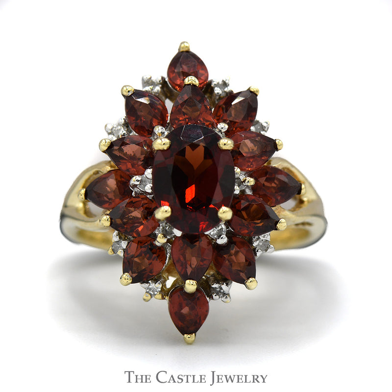 Oval and Pear Garnet Cluster Ring with Diamond Accents in 10k Yellow Gold