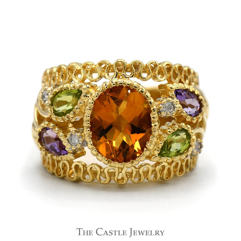 Oval Citrine Ring with Pear Cut Amethyst and Peridot with Diamond Accents in 14k Yellow Gold