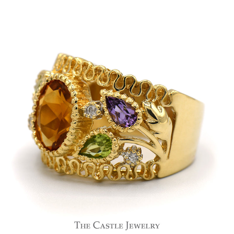 Oval Citrine Ring with Pear Cut Amethyst and Peridot with Diamond Accents in 14k Yellow Gold