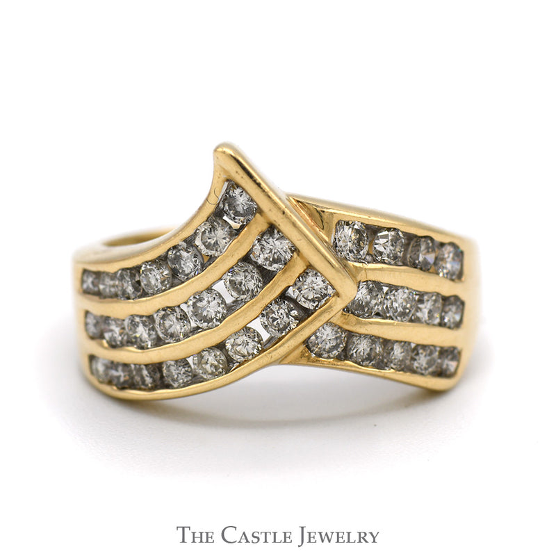 Multi Row Channel Set 3/4cttw Diamond Curved "V" Shaped Band in 10k Yellow Gold