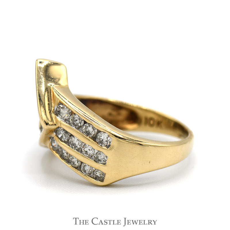 Multi Row Channel Set 3/4cttw Diamond Curved "V" Shaped Band in 10k Yellow Gold