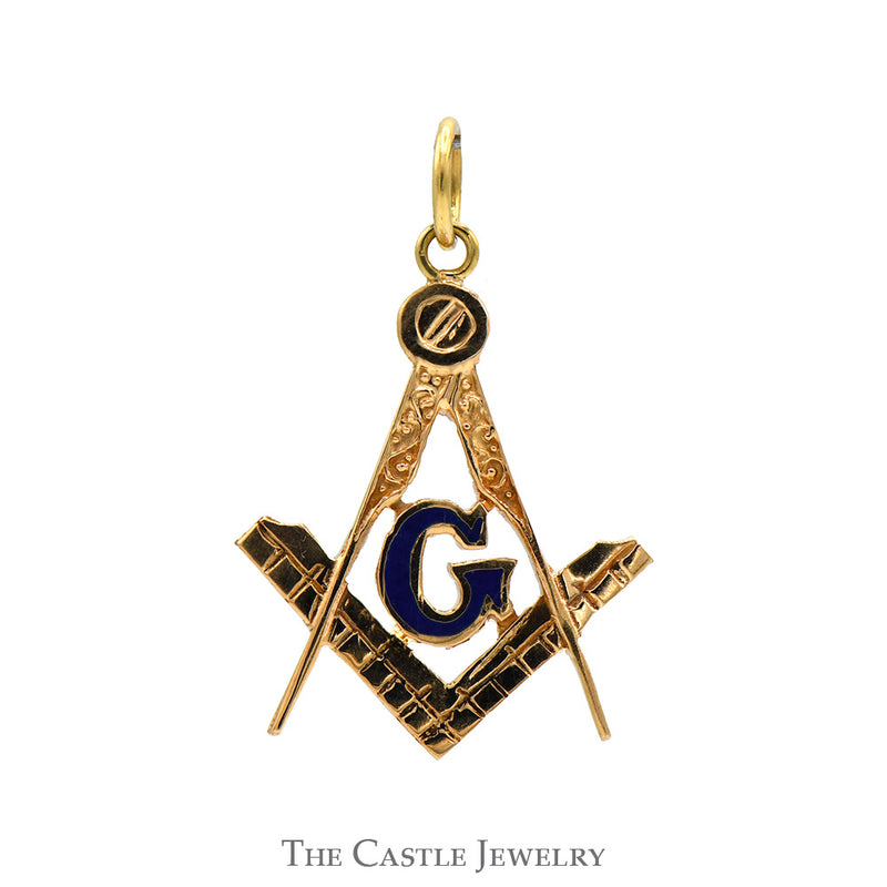 Square & Compass Masonic Charm Pendant with Blue Enamel Detail in 10k Yellow Gold