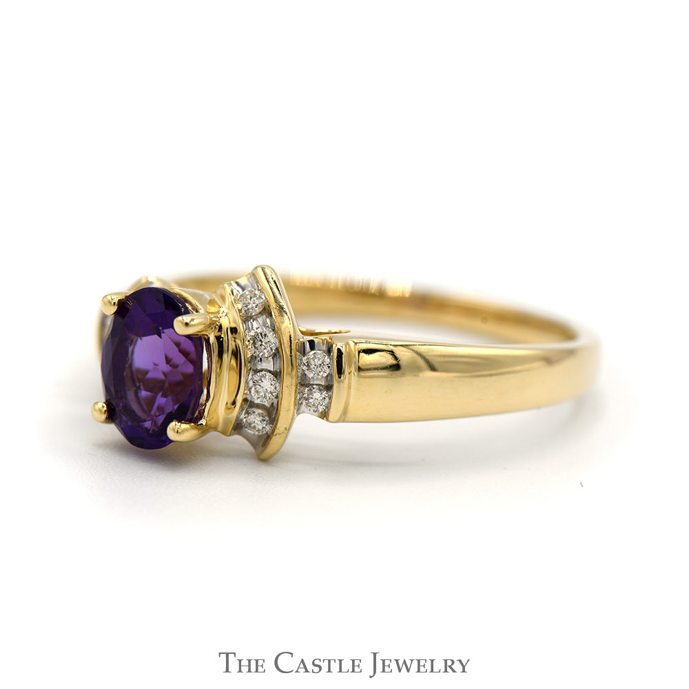 Oval Amethyst Ring with Channel Set Diamond Accents in 14k Yellow Gold Vintage Mounting