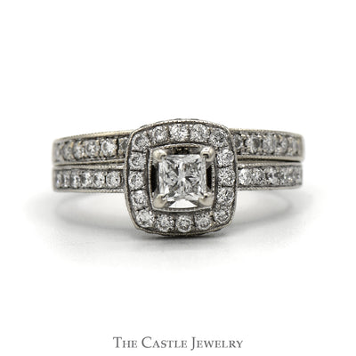 1 CTTW Diamond Bridal Set With Halo And .25CT Princess Cut Center In 14KT White Gold