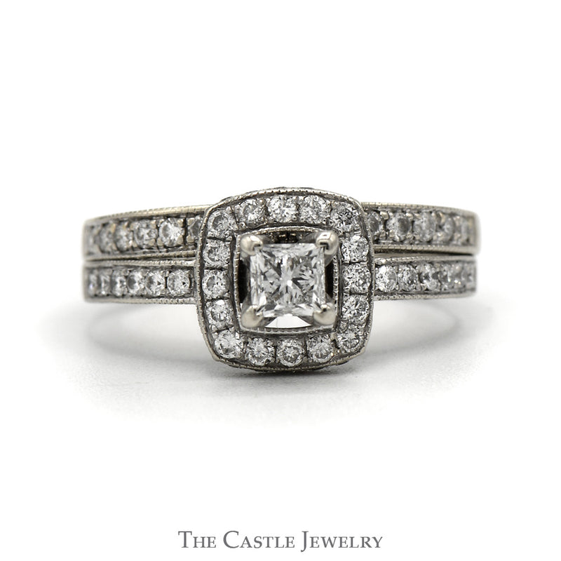 1 CTTW Diamond Bridal Set With Halo And .25CT Princess Cut Center In 14KT White Gold