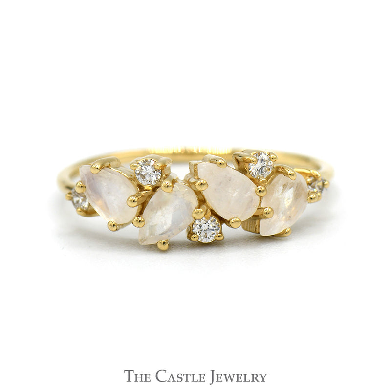 Four Pear Cut Moonstone Ring with Diamond Accents in 10k Yellow Gold