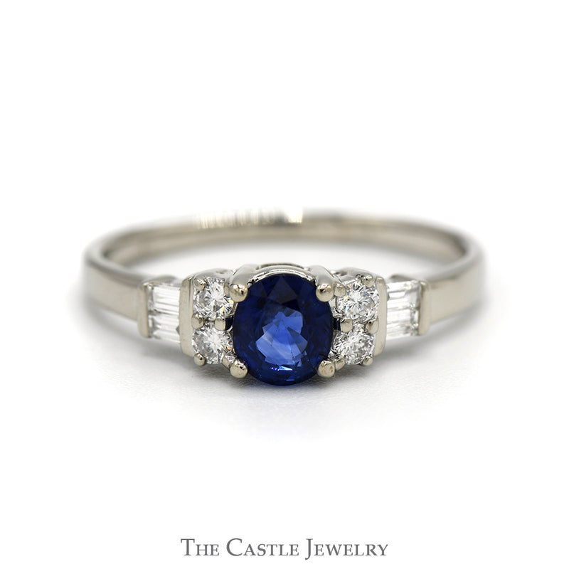 Round Sapphire Ring with Baguette and Round Diamond Accented Sides in 14k White Gold