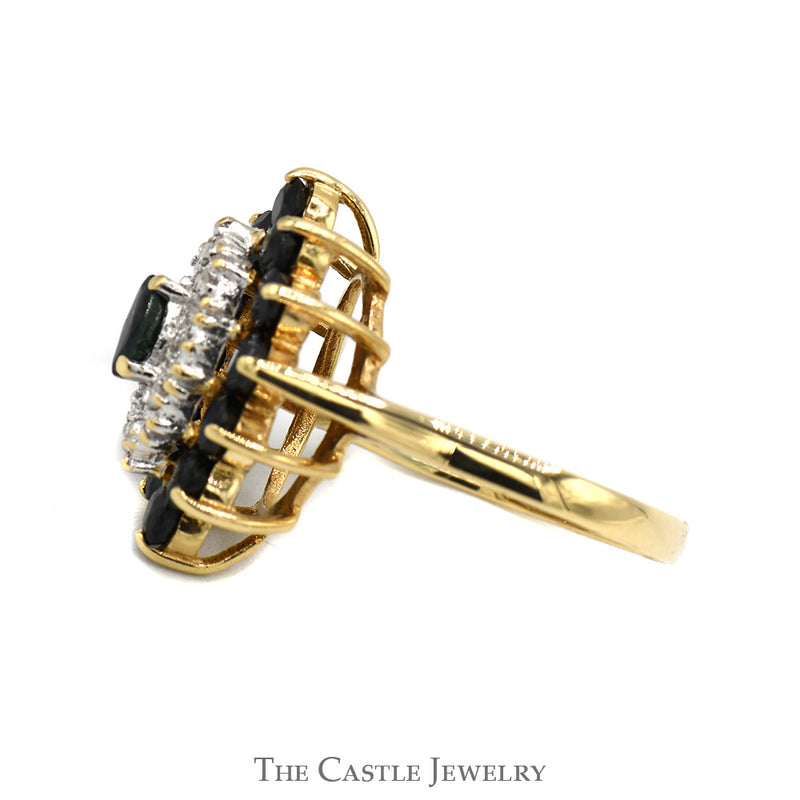 Sapphire And Diamond Marquise Shaped Cluster Ring With .04 CTTW Of Diamonds In 14KT Yellow Gold