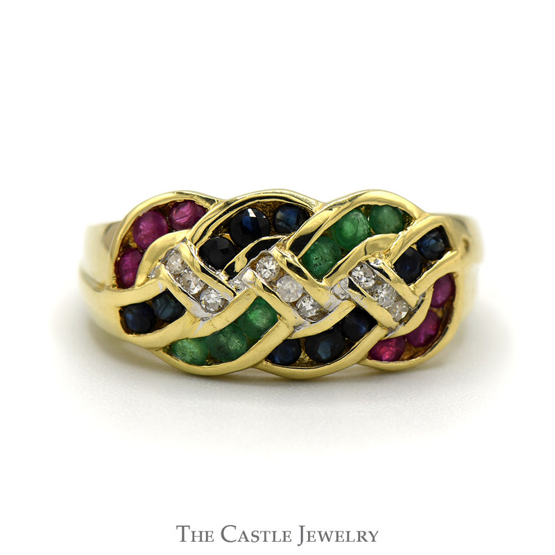 Sapphire Ruby & Emerald Cluster Band with Diamond Accented Interweaving Design in 14k Yellow Gold