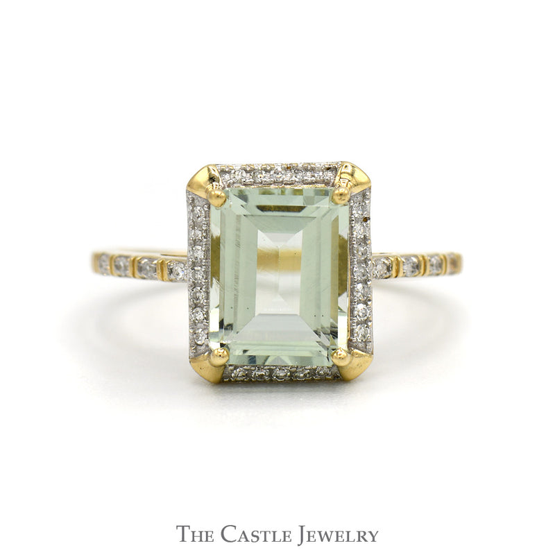 Emerald Cut Green Quartz Ring with Diamond Halo & Accented Sides in 10k Yellow Gold