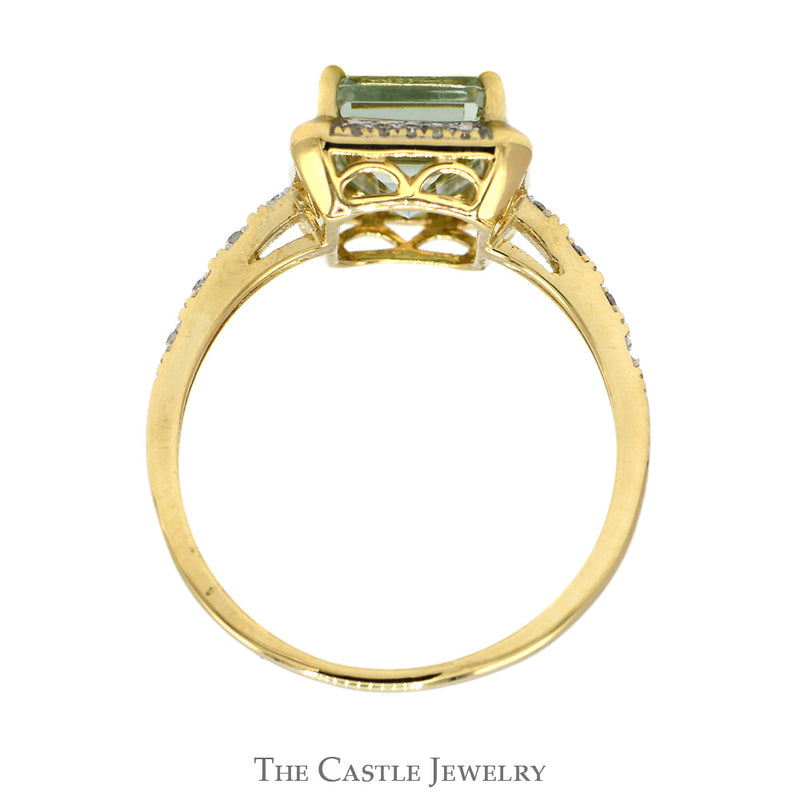 Emerald Cut Green Quartz Ring with Diamond Halo & Accented Sides in 10k Yellow Gold