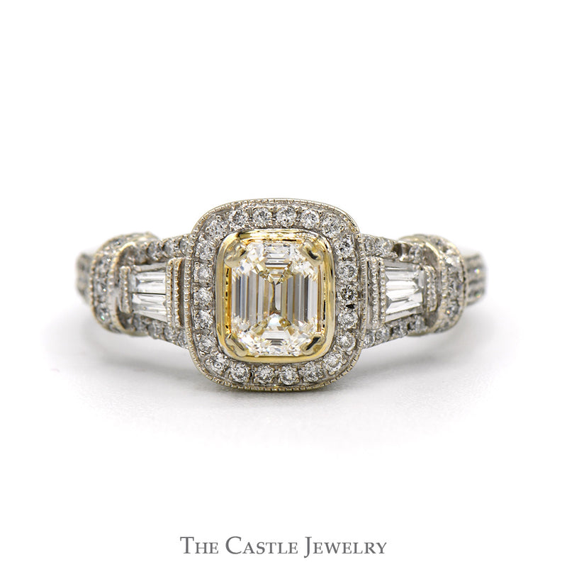 Emerald Cut Diamond Engagement Ring with Diamond Halo and Baguette & Round Diamond Accents in 14k White Gold