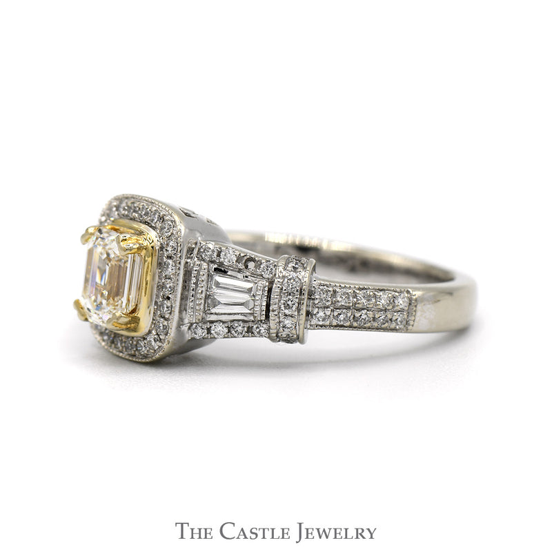 Emerald Cut Diamond Engagement Ring with Diamond Halo and Baguette & Round Diamond Accents in 14k White Gold