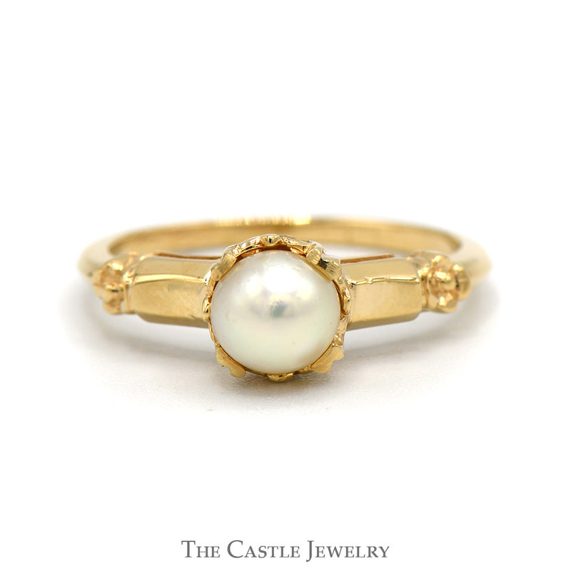 Round Pearl Solitaire Ring in 14k Yellow Gold Vintage Style Mounting