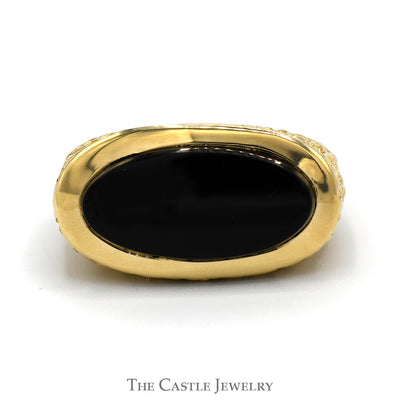 Oblong Oval Black Onyx Ring in 14k Yellow Gold Nugget Designed Mounting