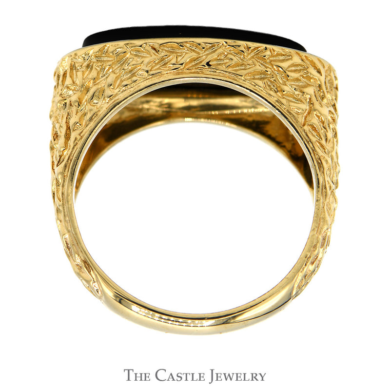 Oblong Oval Black Onyx Ring in 14k Yellow Gold Nugget Designed Mounting