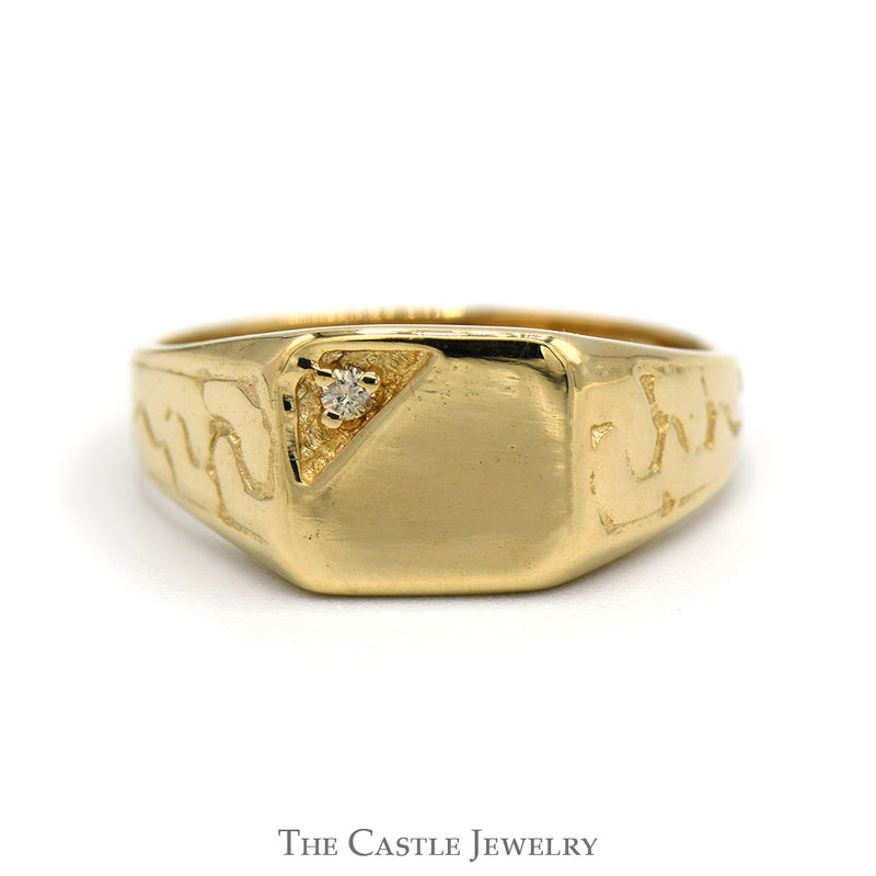 Diamond Accented Signet Ring with Nugget Sides in 14k Yellow Gold