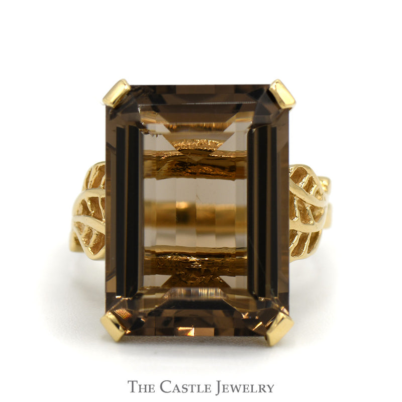 Emerald Cut Smokey Quartz Ring with Open Leaf Sides in 14k Yellow Gold