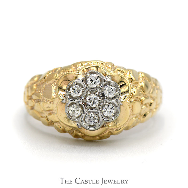Round 7 Diamond Cluster Ring in 14k Yellow Gold Nugget Style Mounting