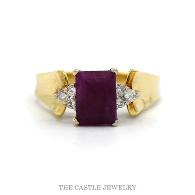 14k yellow gold emerald cut ruby ring with diamond accented sides — top view