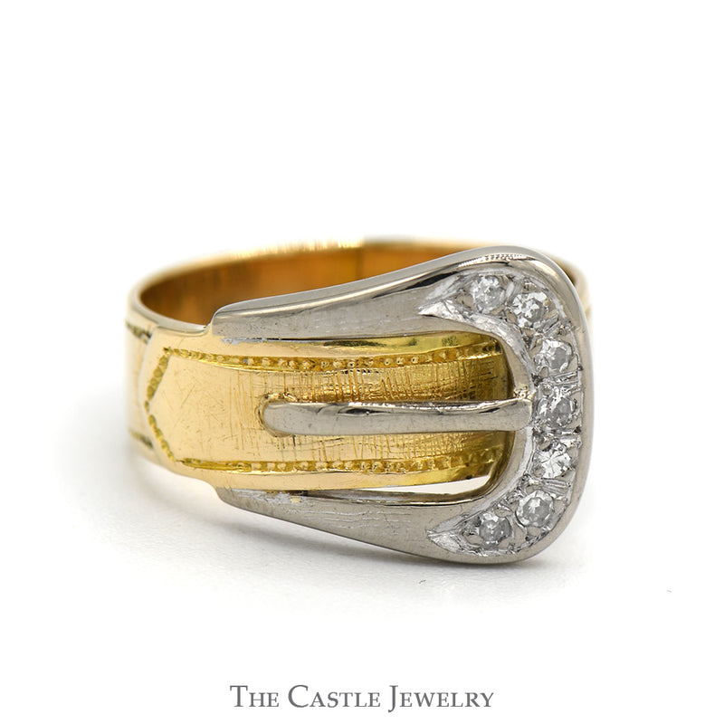 Two Toned Buckle Designed Ring with Diamond Accents in 14k Yellow & White Gold