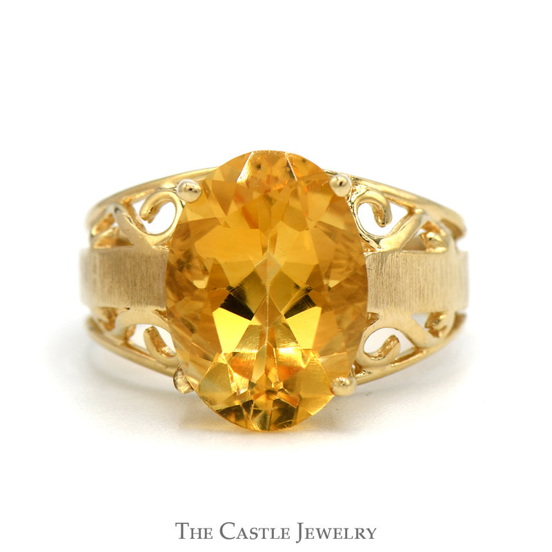 Oval Citrine Solitaire Ring with Open Scroll Designed Sides in 10k Yellow Gold