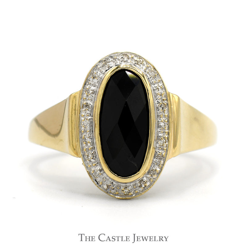 Oblong Oval Cut Black Onyx Shield Ring with Diamond Halo in 10k Yellow Gold