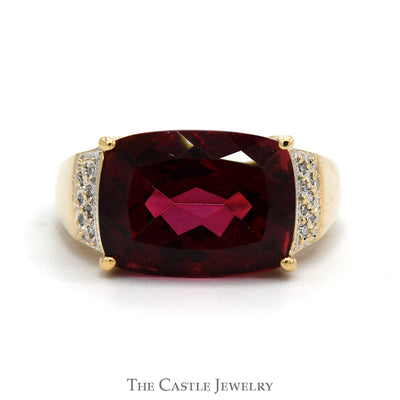 Elongated Cushion Cut Ruby Ring with Diamond Accented Sides in 10k Yellow Gold
