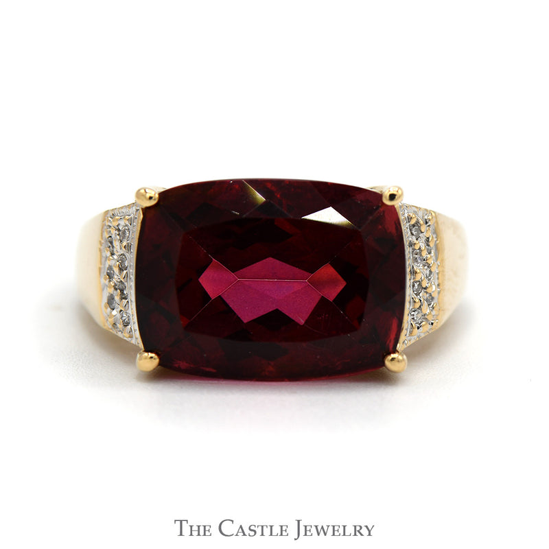 Elongated Cushion Cut Ruby Ring with Diamond Accented Sides in 10k Yellow Gold