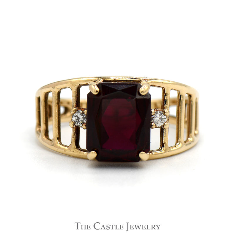 Emerald Cut Ruby Ring with Diamond Accented Sides in 10k Yellow Gold Open Slotted Mounting