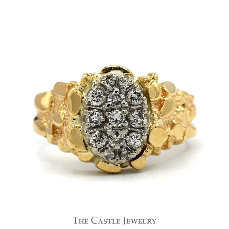 1/2cttw Oval Shaped Diamond Cluster Ring with Nugget Designed Sides in 14k Yellow Gold