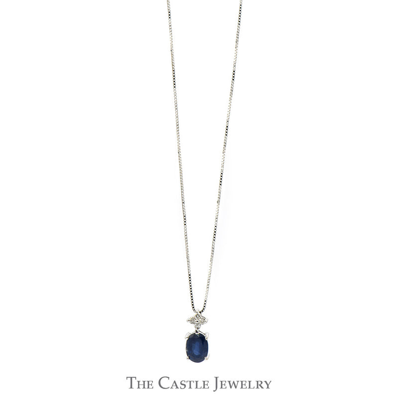 Oval Sapphire Pendant with Diamond Cluster Accent on 16" Box Link Chain in 14k White Gold