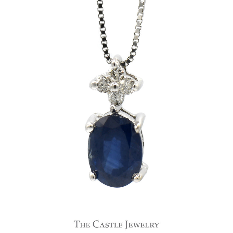 Oval Sapphire Pendant with Diamond Cluster Accent on 16" Box Link Chain in 14k White Gold
