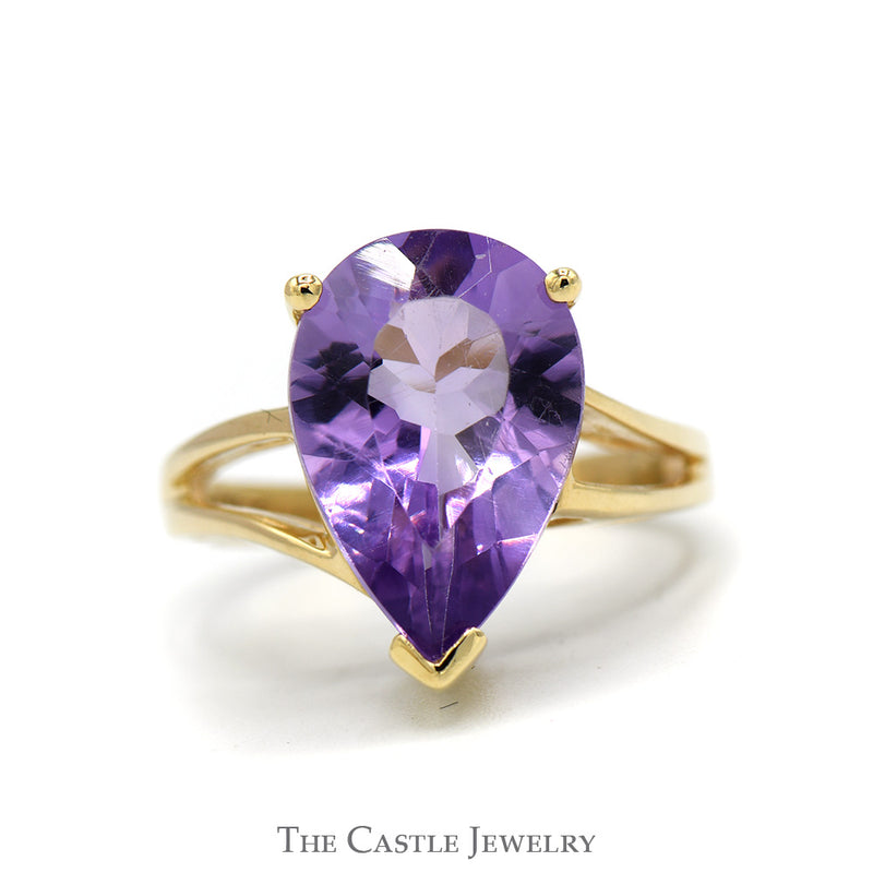Pear Cut Amethyst Ring with Split Shank Sides in 10k Yellow Gold