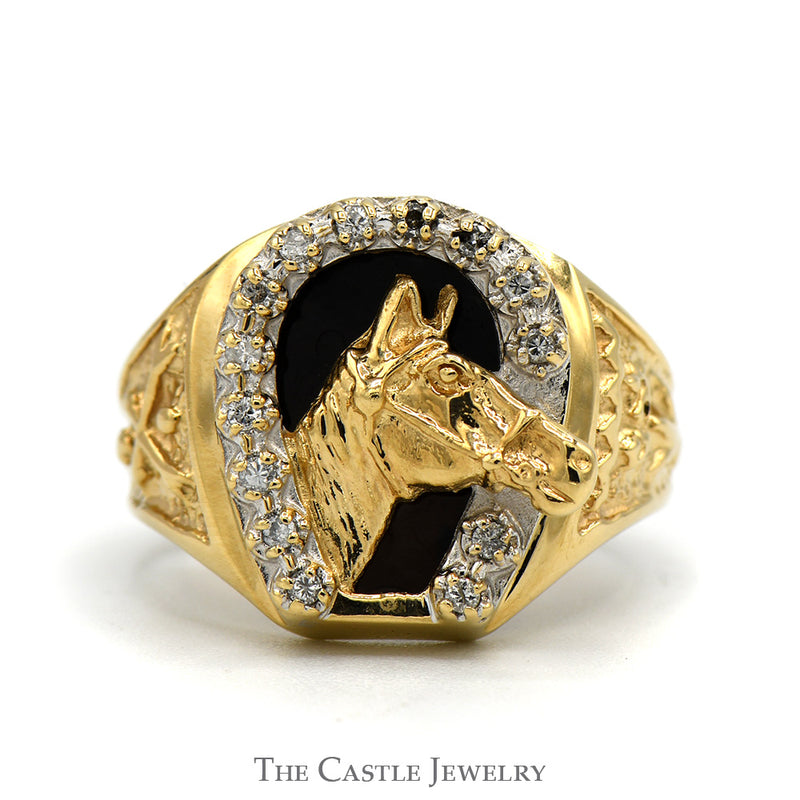 Diamond Horseshoe Ring with Horse Head & Black Onyx Back in 10k Yellow Gold