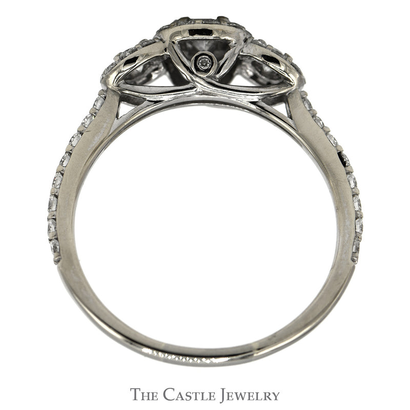 Three Stone Diamond Ring with Diamond Halo and Accented Sides in 14k White Gold