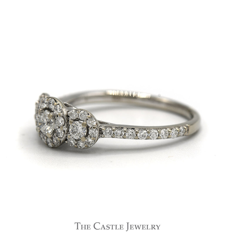 Three Stone Diamond Ring with Diamond Halo and Accented Sides in 14k White Gold